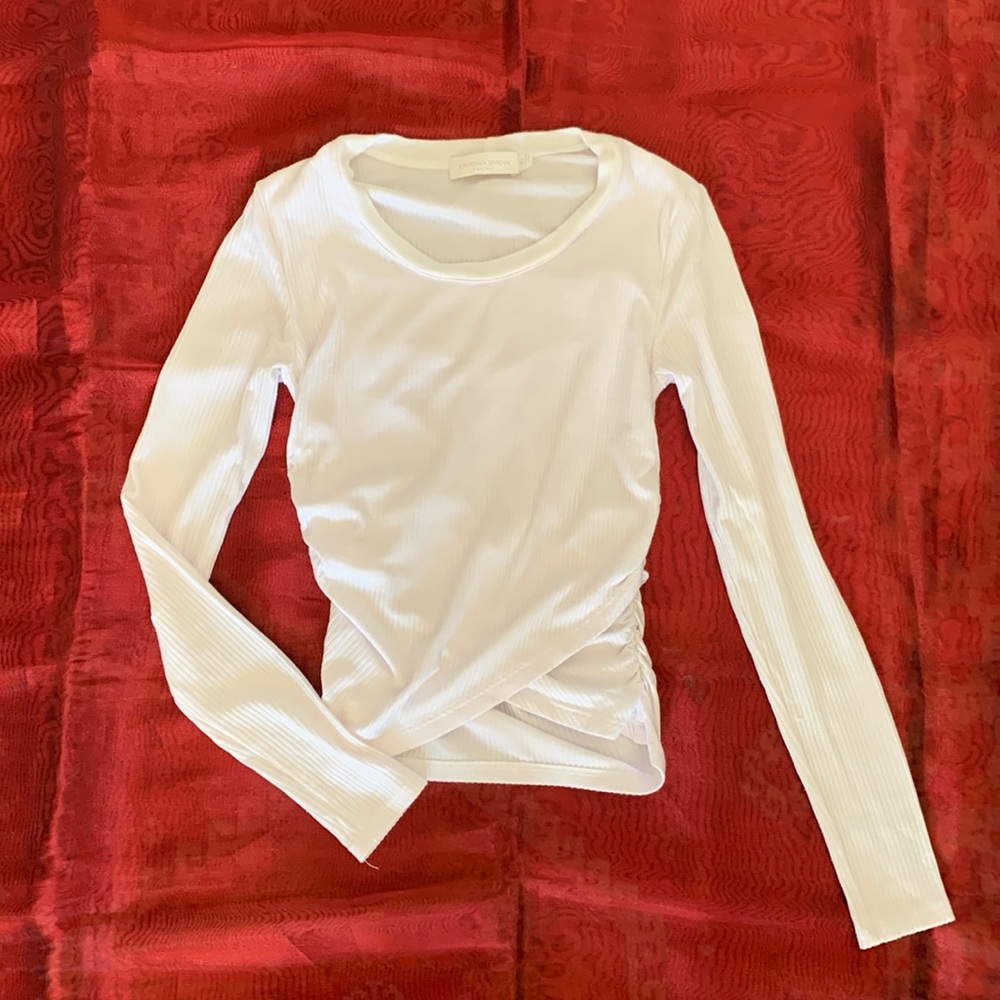 Jonathan Simkhai White Ribbed and Rushed Long Sleeves Tee - size XS